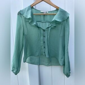 M Mint Green Sheer Chiffon Button-Up Ruffle Tie Blouse by Forever 21